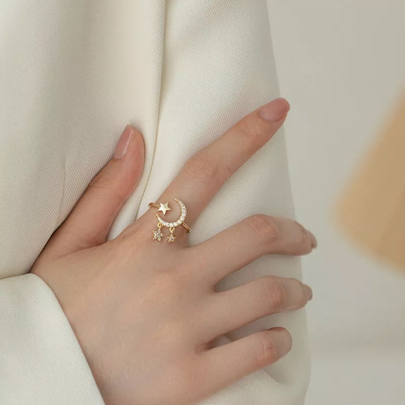 Gold moon & stars ring