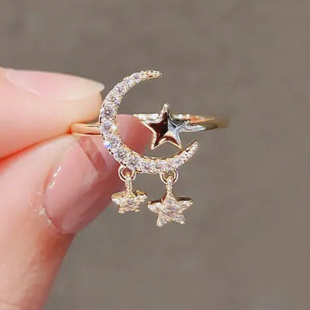 Moon stars gold diamond resizable ring